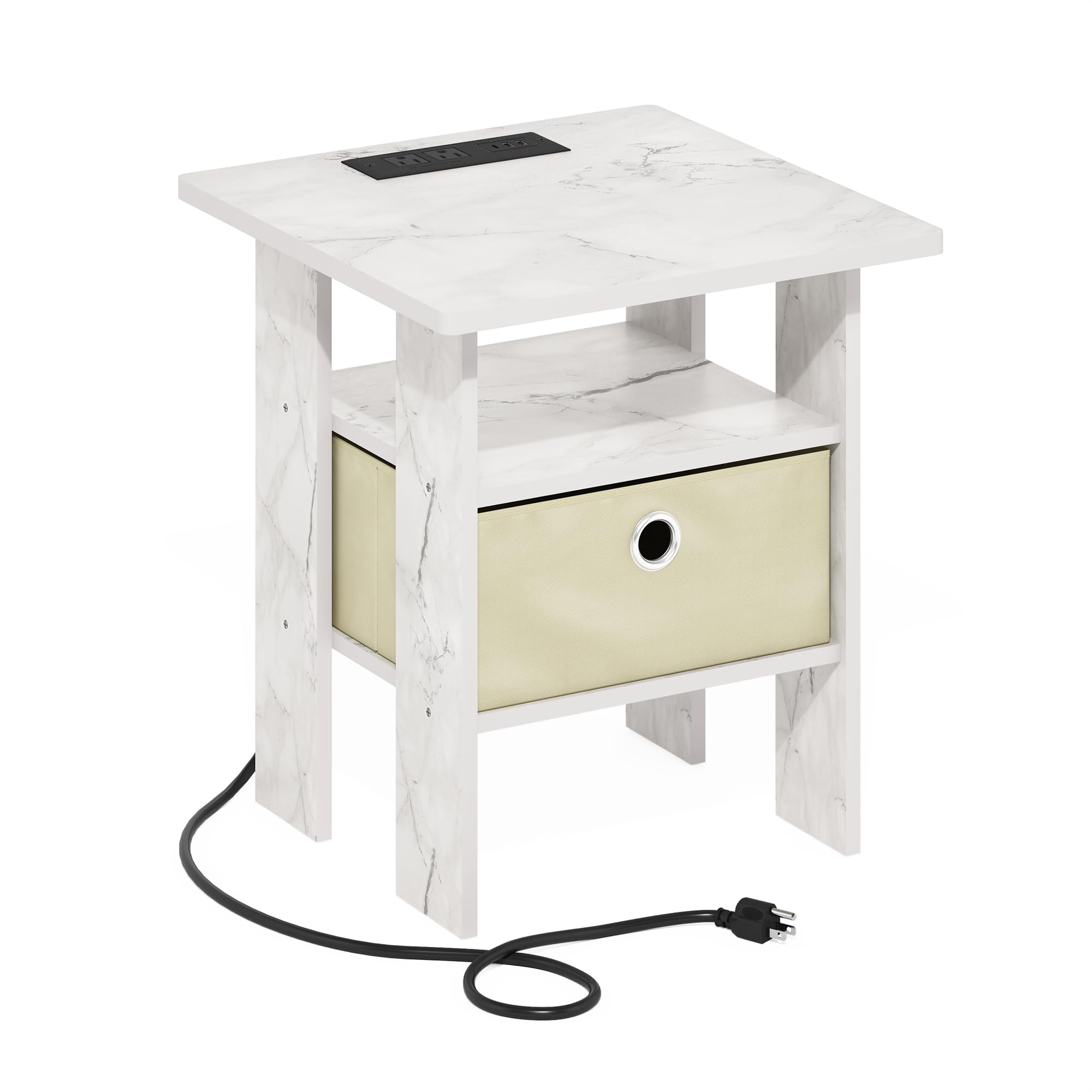Furinno Andrey Usb And Type-C Port Charging Station End Table With Storage Bin, 15.55 (W) X 12.56 (H) X 8.5 (D) Inches, Marble White/Ivory